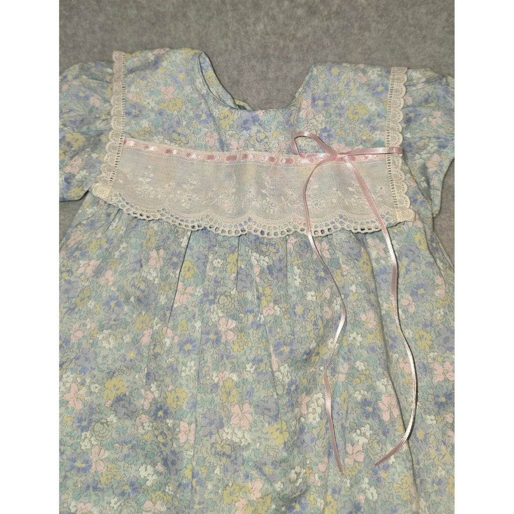 Vintage Floral Romper C.I. Castro & Co. Baby Girl 6 Mo Lace Trim Pink Ribbon