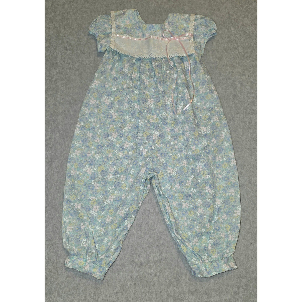 Vintage Floral Romper C.I. Castro & Co. Baby Girl 6 Mo Lace Trim Pink Ribbon
