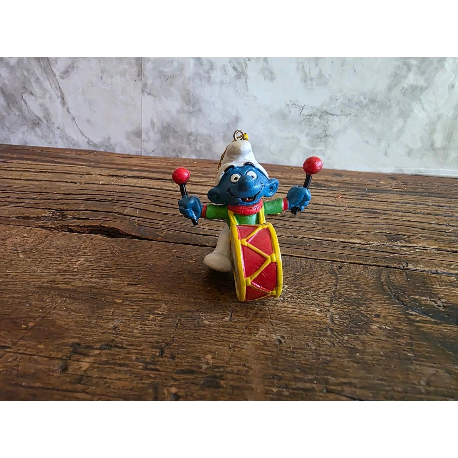 Vintage 1981 Peyo Smurf Drummer Christmas Ornament PVC Figure Drumming Smurf