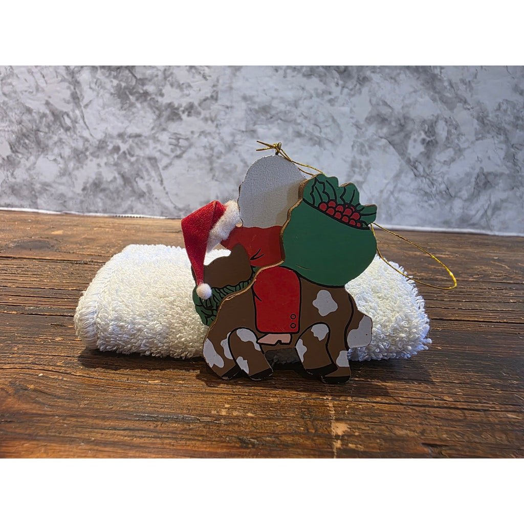 Vintage Wooden Santa Riding Horse Christmas Ornament Hand Painted 3D Hat Rustic