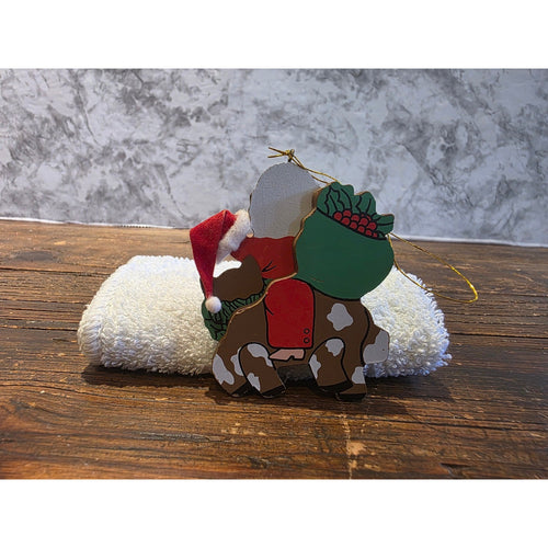 Vintage Wooden Santa Riding Horse Christmas Ornament Hand Painted 3D Hat Rustic