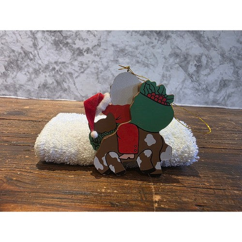 Vintage Wooden Santa Riding Horse Christmas Ornament Hand Painted 3D Hat Rustic