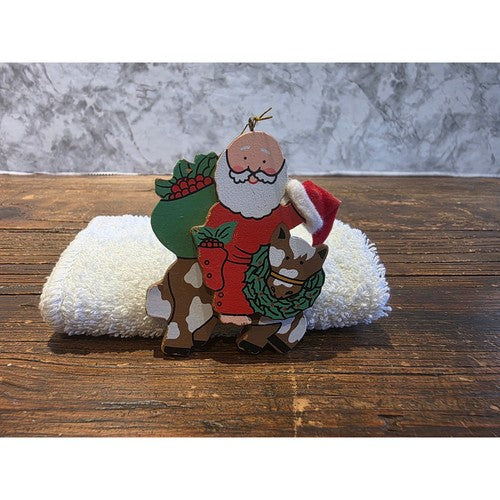 Vintage Wooden Santa Riding Horse Christmas Ornament Hand Painted 3D Hat Rustic